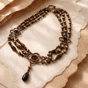 Vintage Stephen Dweck bronze multi-strand necklace amber glass & pearls 16”